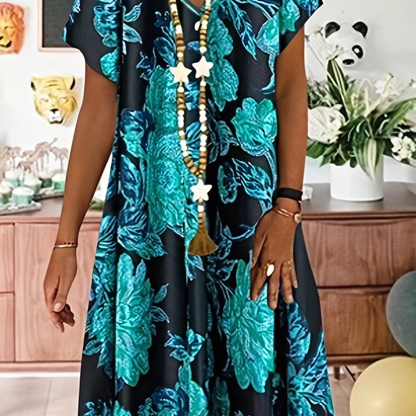  Women's Floral Print Short Sleeve V Neck Dress