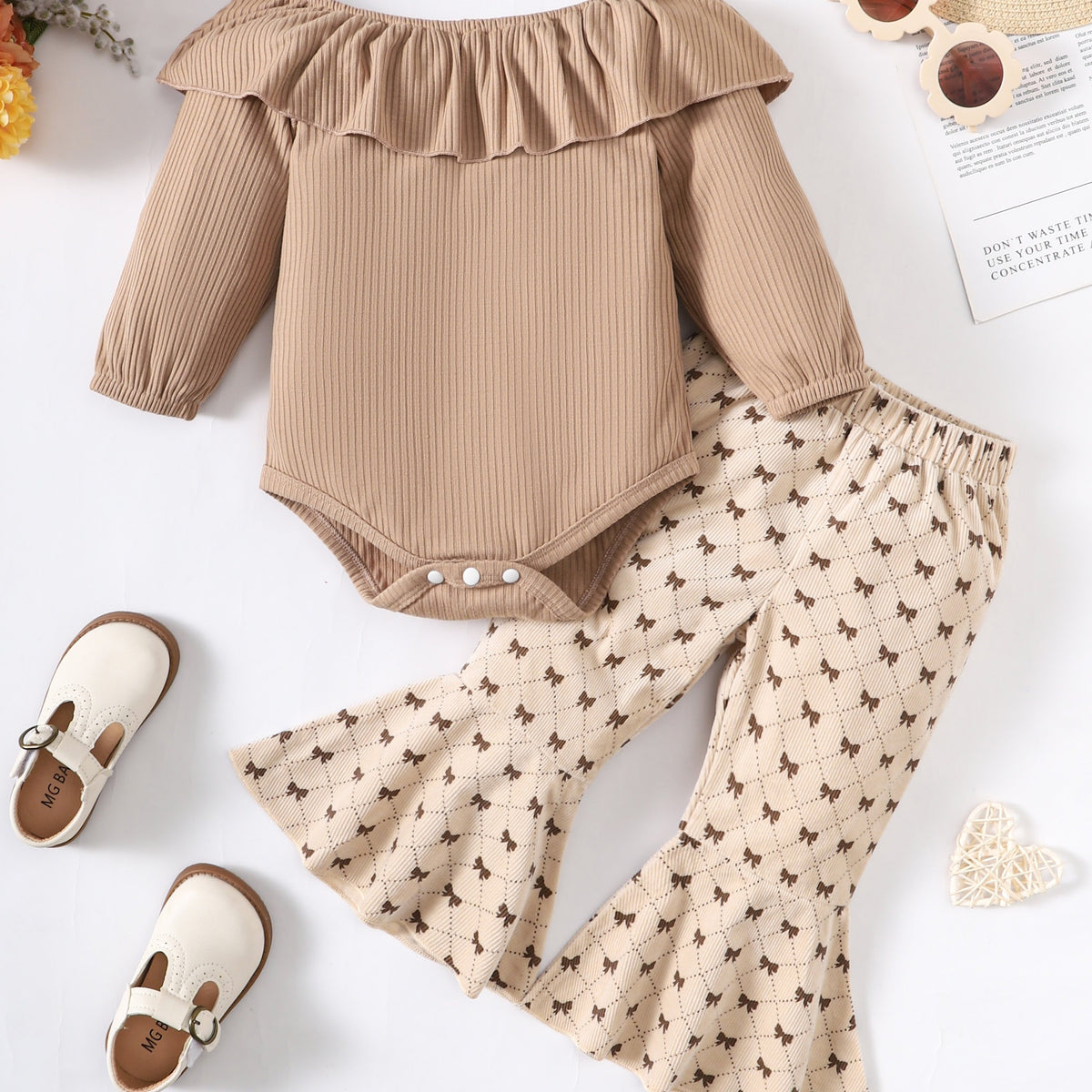 Toddler Girls Ruffle Off Shoulder Romper & Flared Pants Set