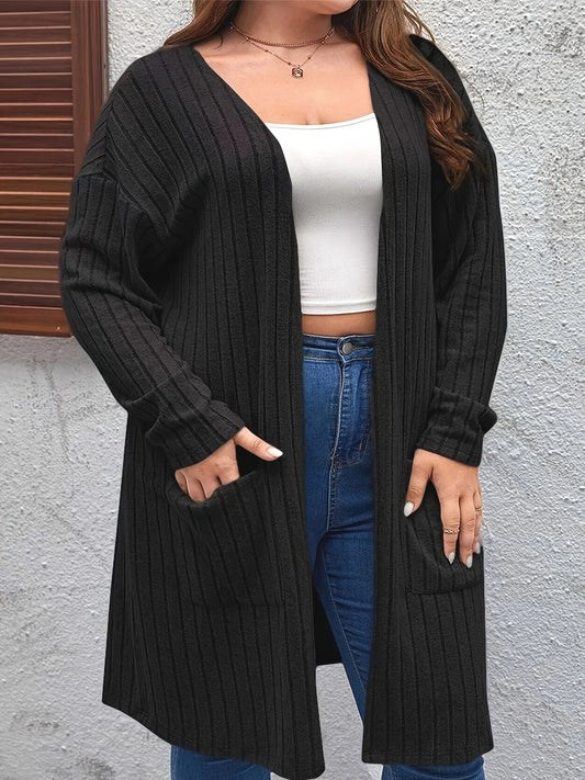  Solid Ribbed Long Sleeve Cardigan with Pockets