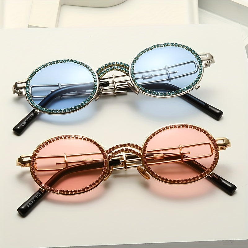 Y2K Tinted Metal Sunglasses Steampunk Rhinestone Hollow Glasses UV400