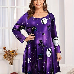 Casual Dress Women's Plus Graphic Print Long Sleeve Round Neck Dress