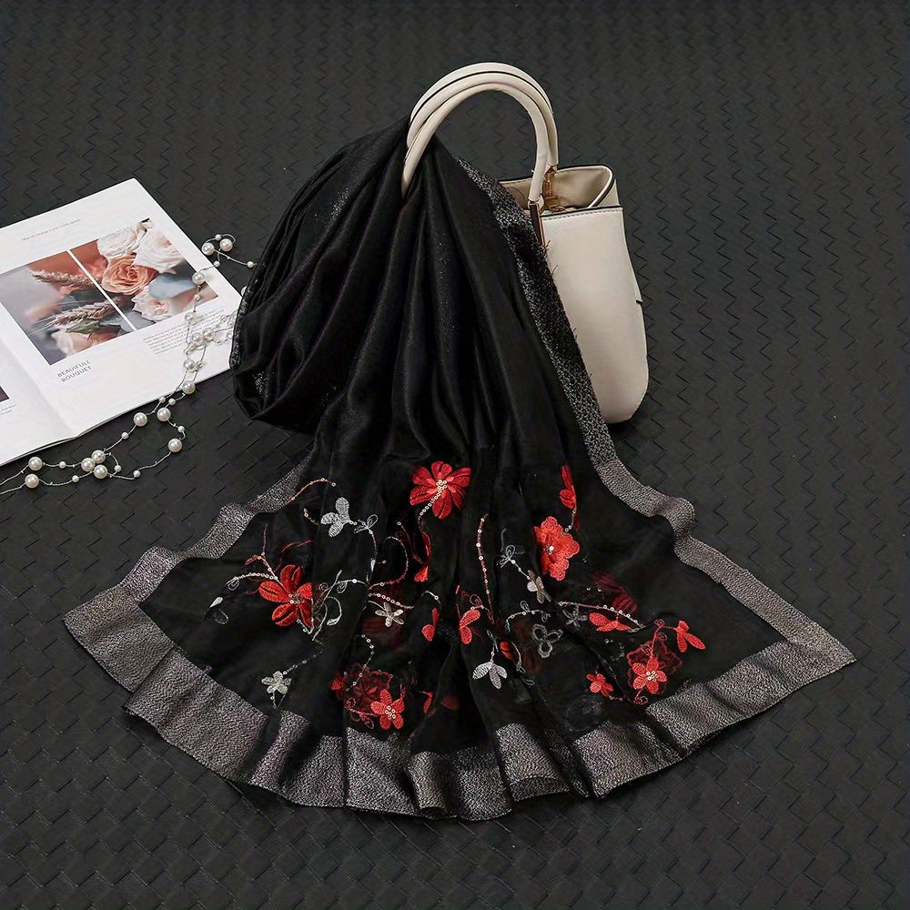 Flower Embroidered Silk Shawl Scarf Wrap Head Wrap