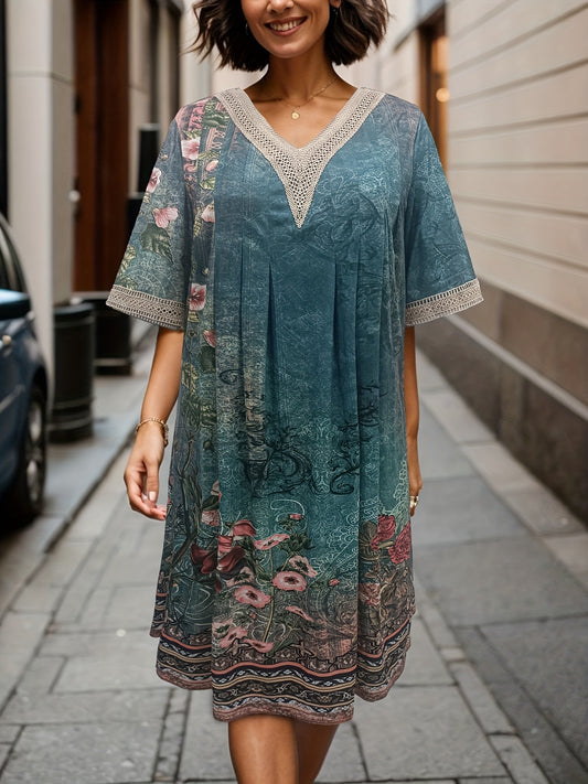  Floral Print Lace Sleeve V Neck Pleated Dress
