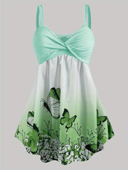 Butterfly Print Sleeveless Cami Top Criss Cross V Neck Cami Top