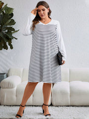  Women's Stripe Print V Neck Long Sleeve Tee Dress
