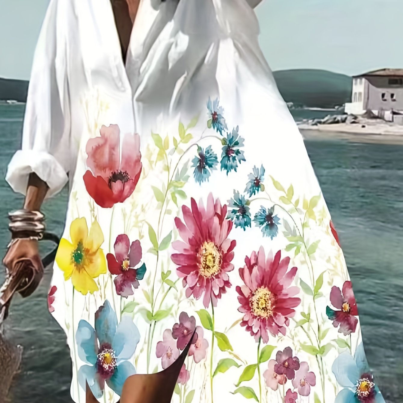  Casual Floral Print Long Sleeve Shirt Dress