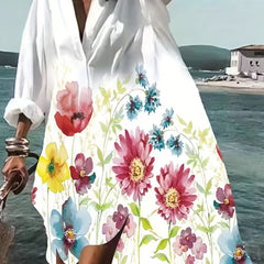  Casual Floral Print Long Sleeve Shirt Dress