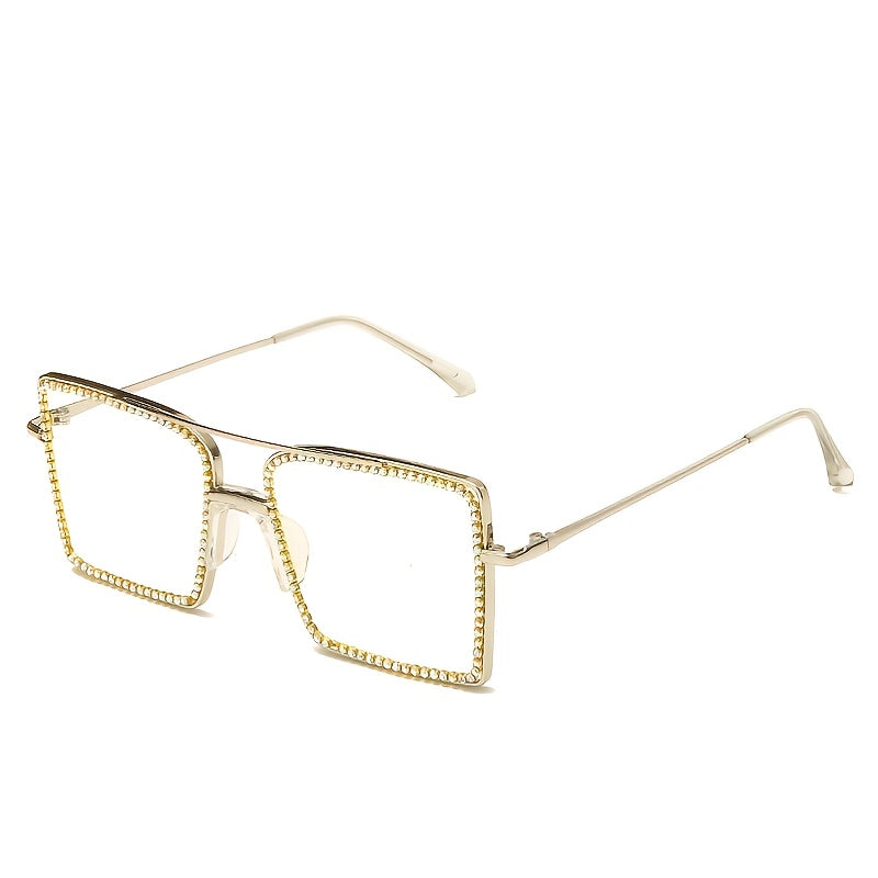 Square Clear Lens Rhinestone Sunglasses Metal Frame Women Eyewear