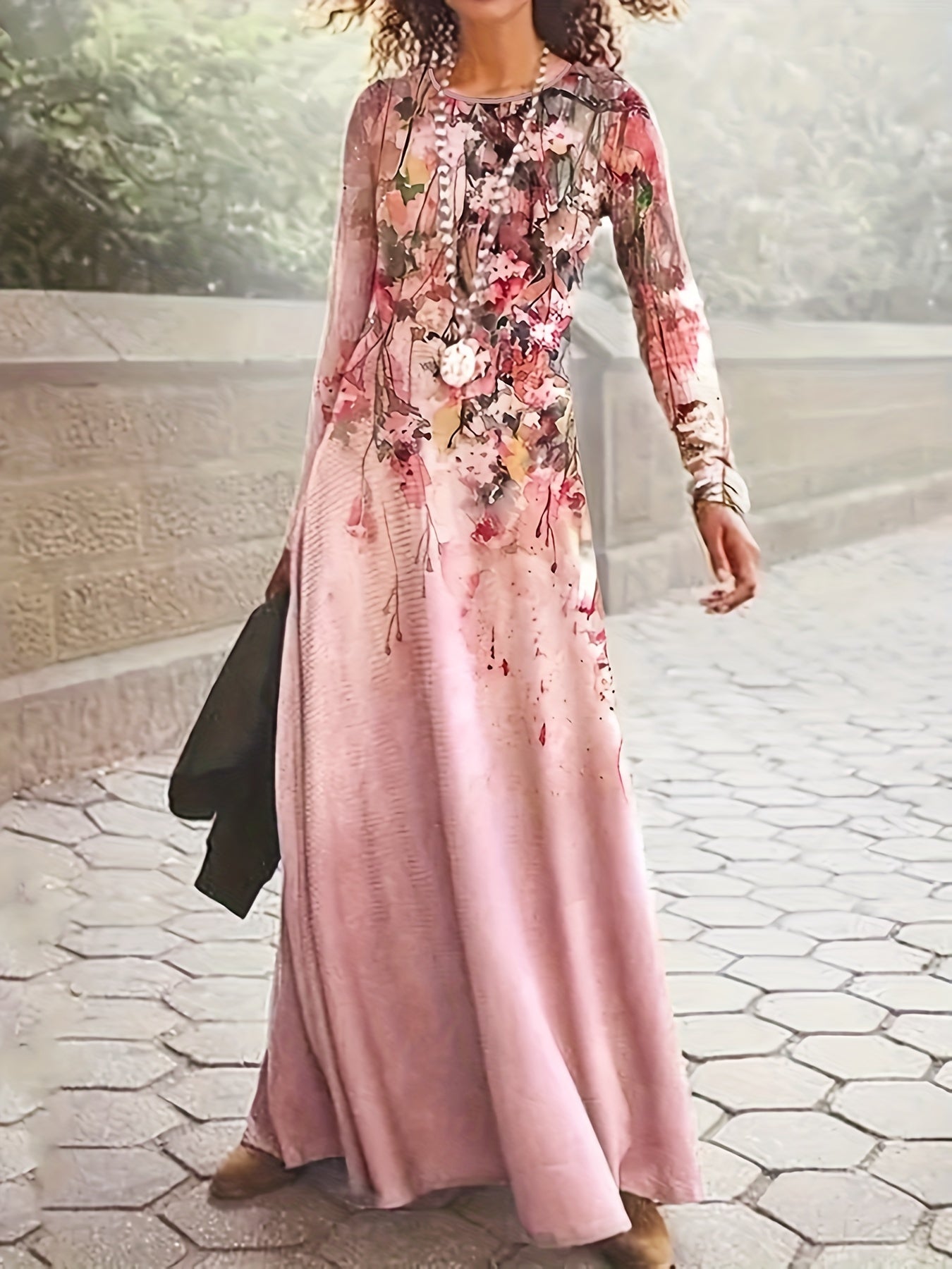  Floral Print Long Sleeve Maxi Dress