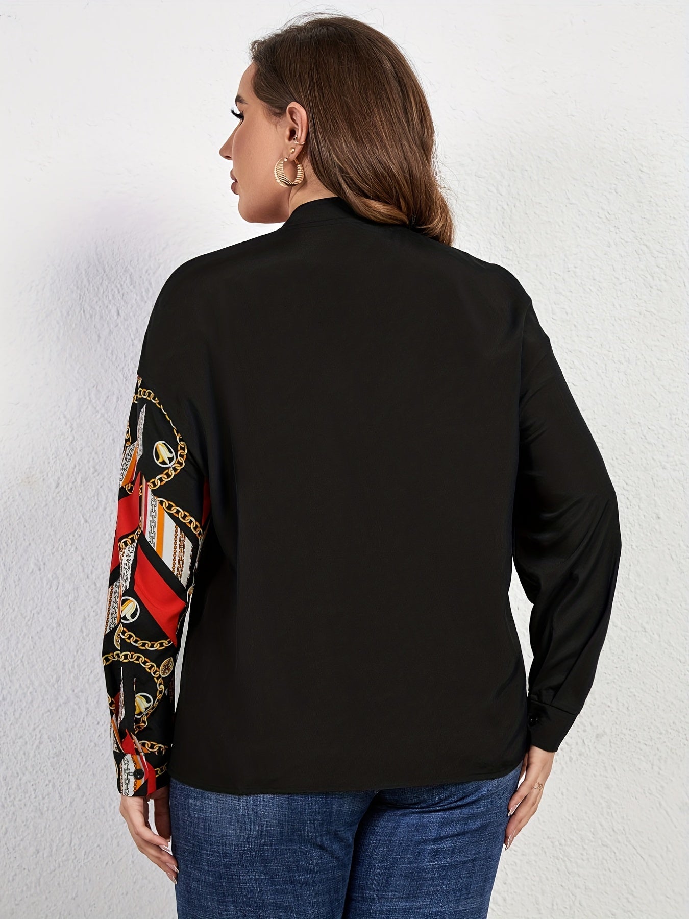  Colorblock Chain Print Long Sleeve Blouse