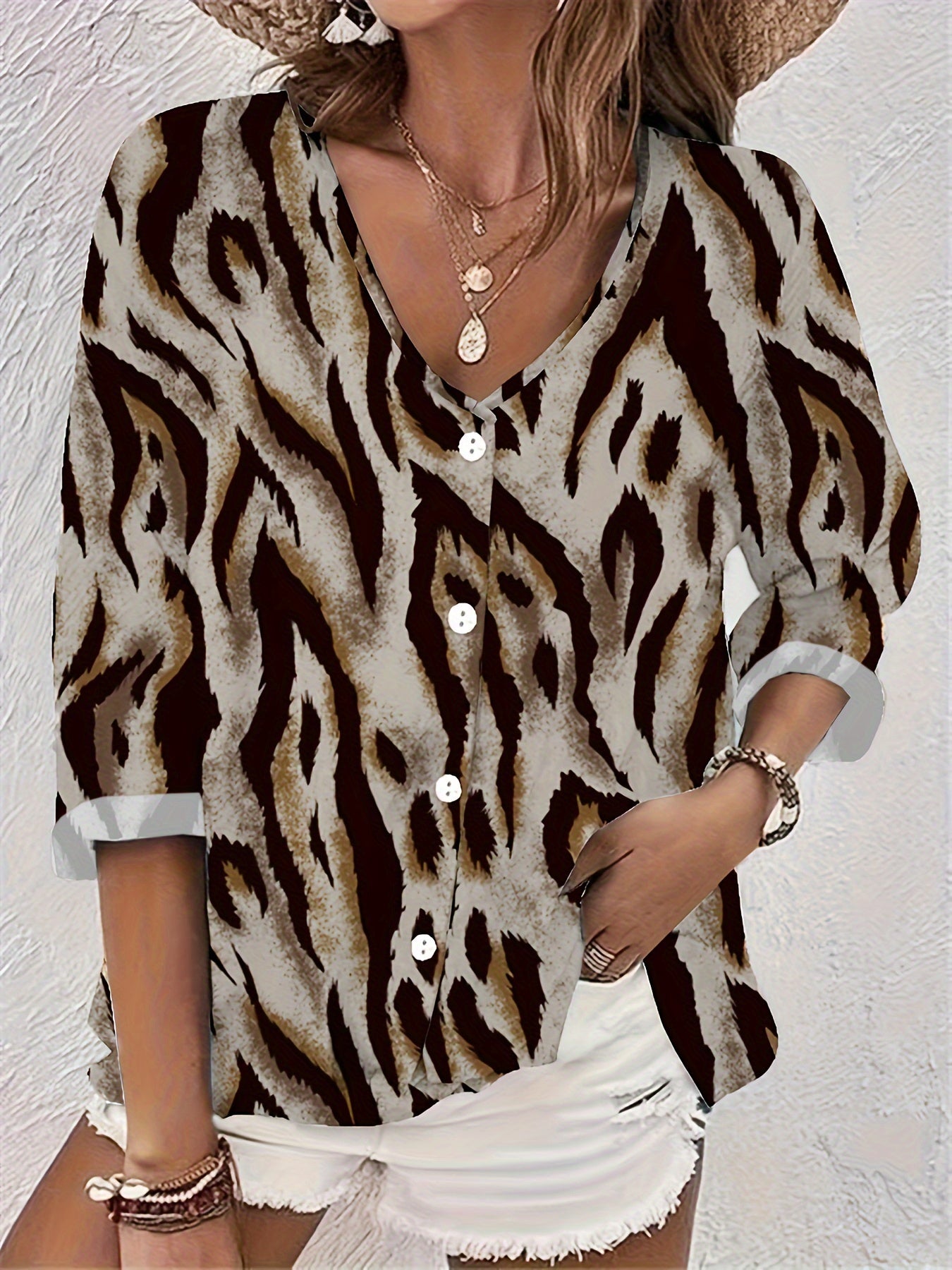  Leopard Print Button Up Long Sleeve V Neck Blouse
