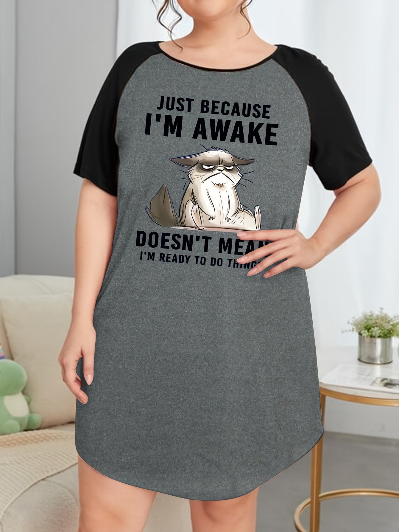  Nightdress Women's Plus Animal & Slogan Print Sleep