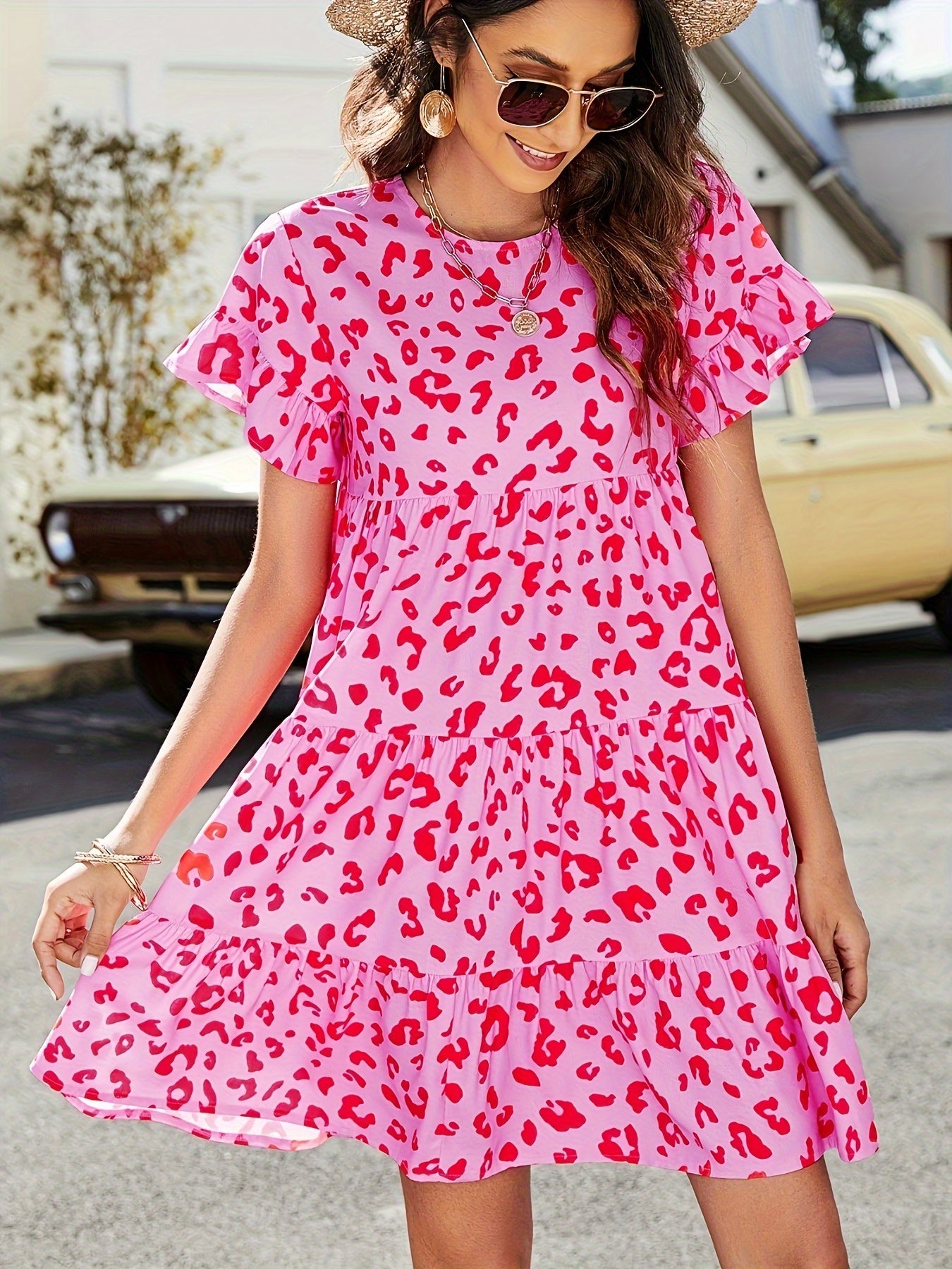  Leopard Print Round Neck Smock Dress