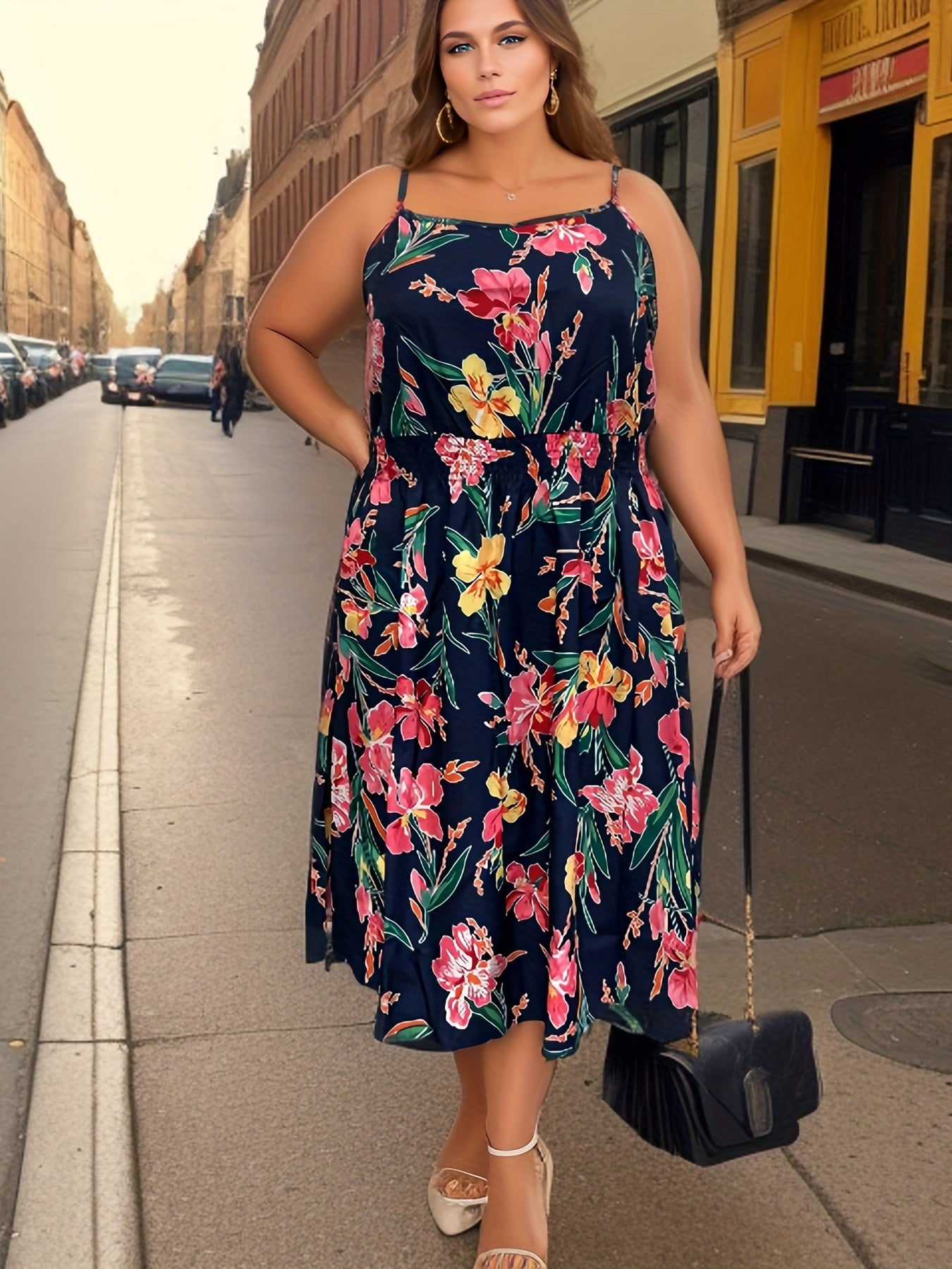  Floral Print Nipped Waist Midi Cami Dress