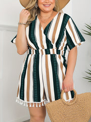  Women's Stripe Print Shirred Waist Tassel Trim Romper