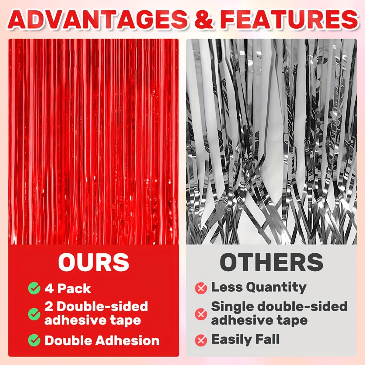 4pcs Red Foil Fringe Backdrop Curtains - Party Decorations Tinsel Streamers