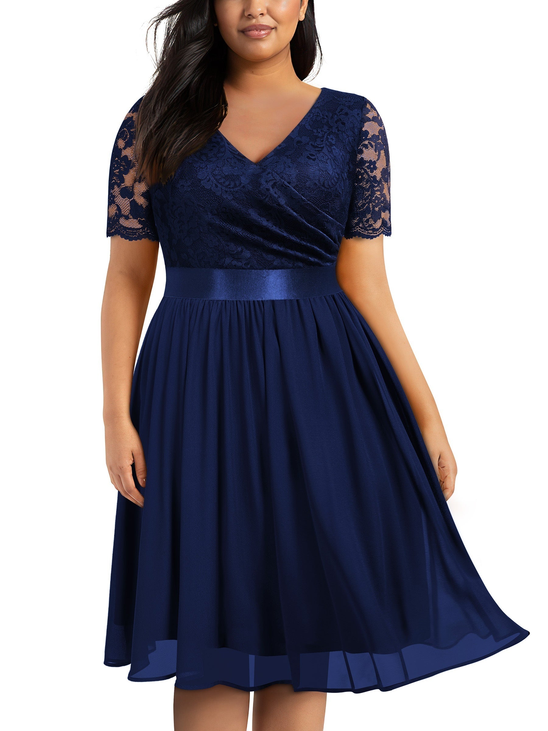  Party Dress Women's Plus Solid Contrast Lace Short Sleeve V Neck