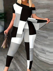  Geo Print One Shoulder Top & Leggings Set