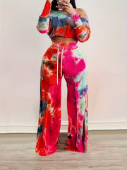  Tie Dye One Shoulder Crop Top & Wide Leg Pants Set