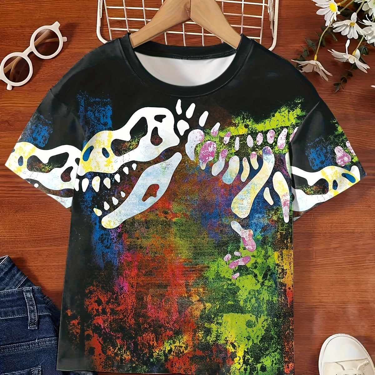Tie Dye Dino Skeleton 3D Print T-shirt for Kids