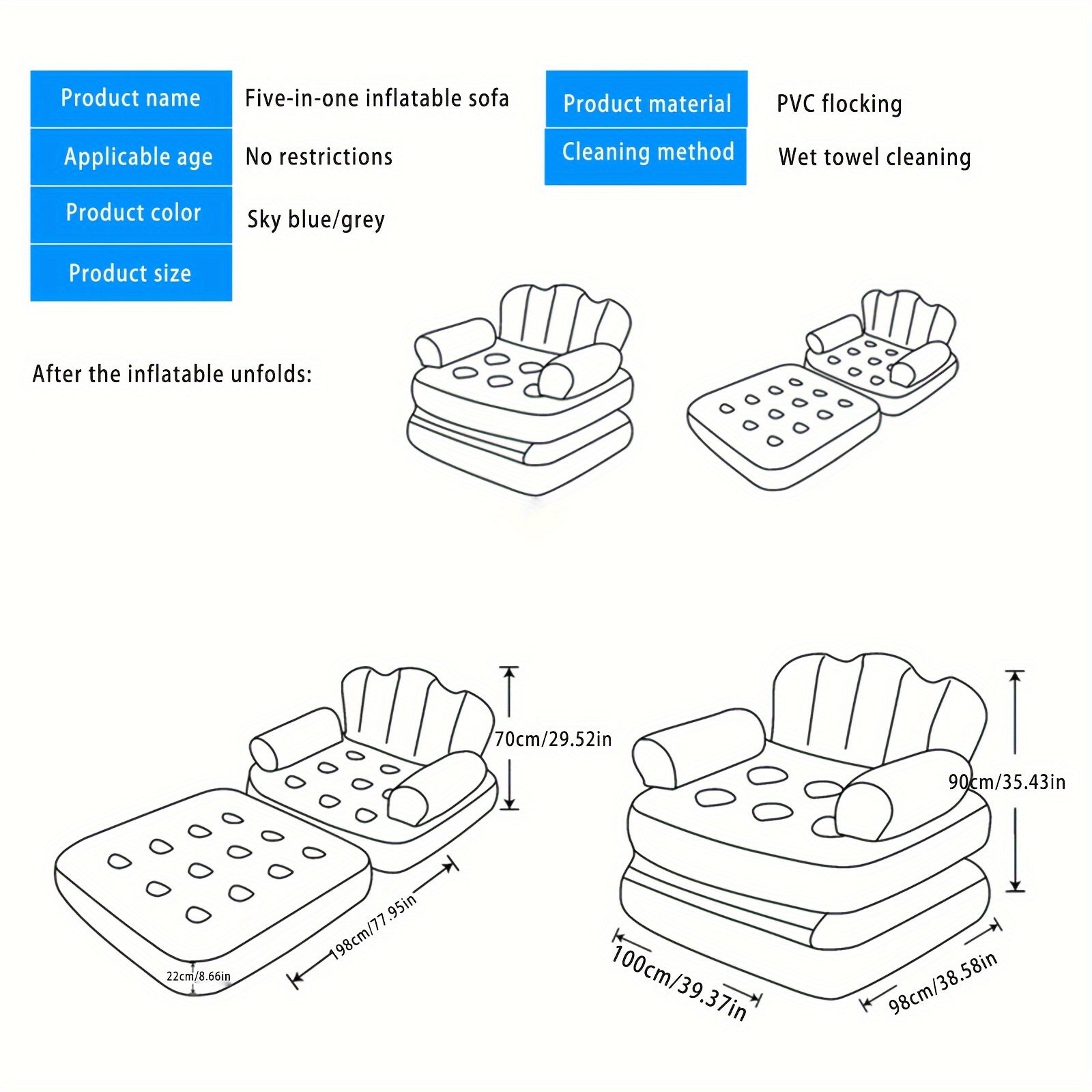 5-in-1 Inflatable Sofa Bed Foldable Lounger for Camping Home Travel