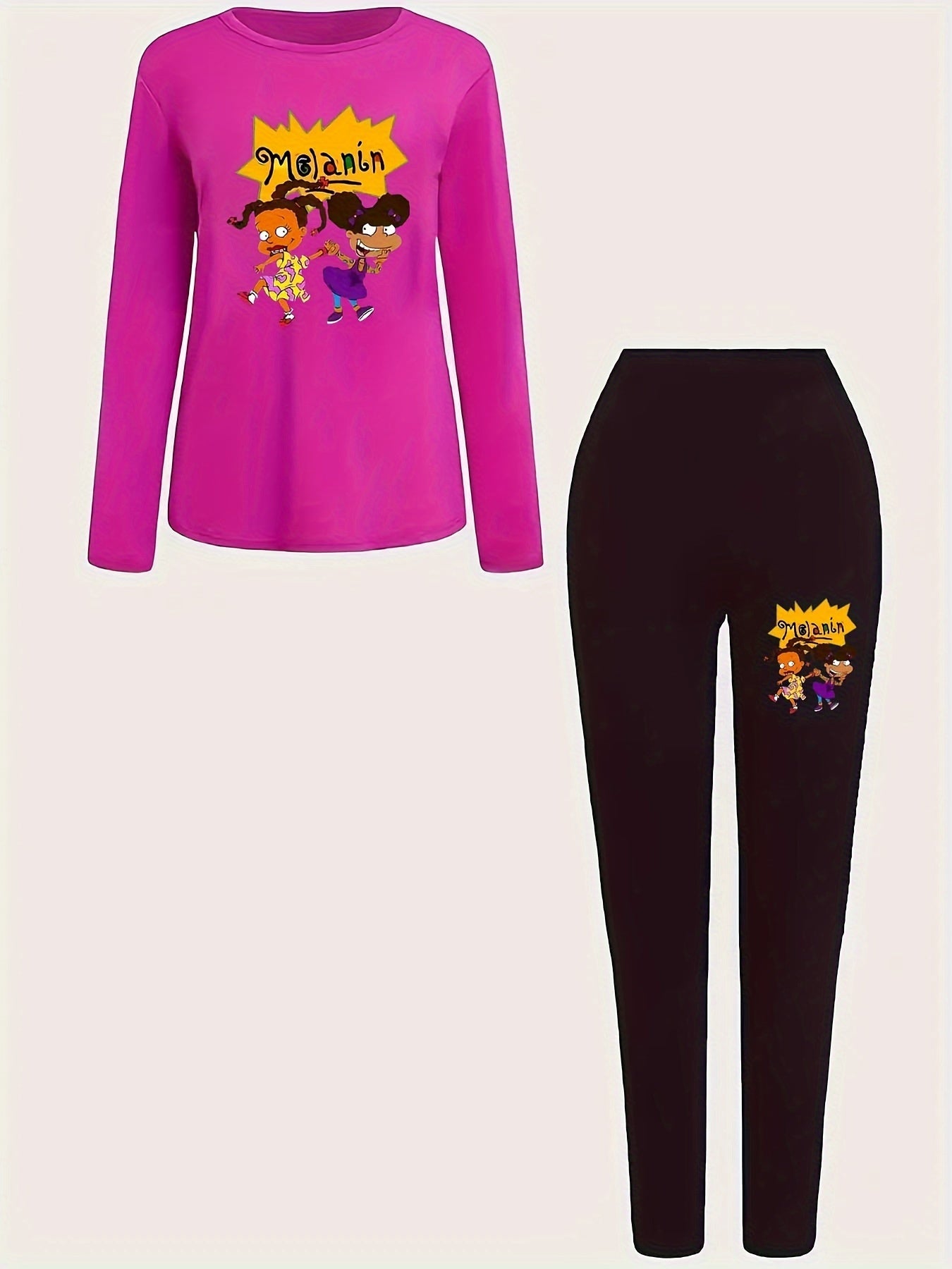  Women's Casual 2 Piece Set Letter & Cartoon Print Top & Leggings