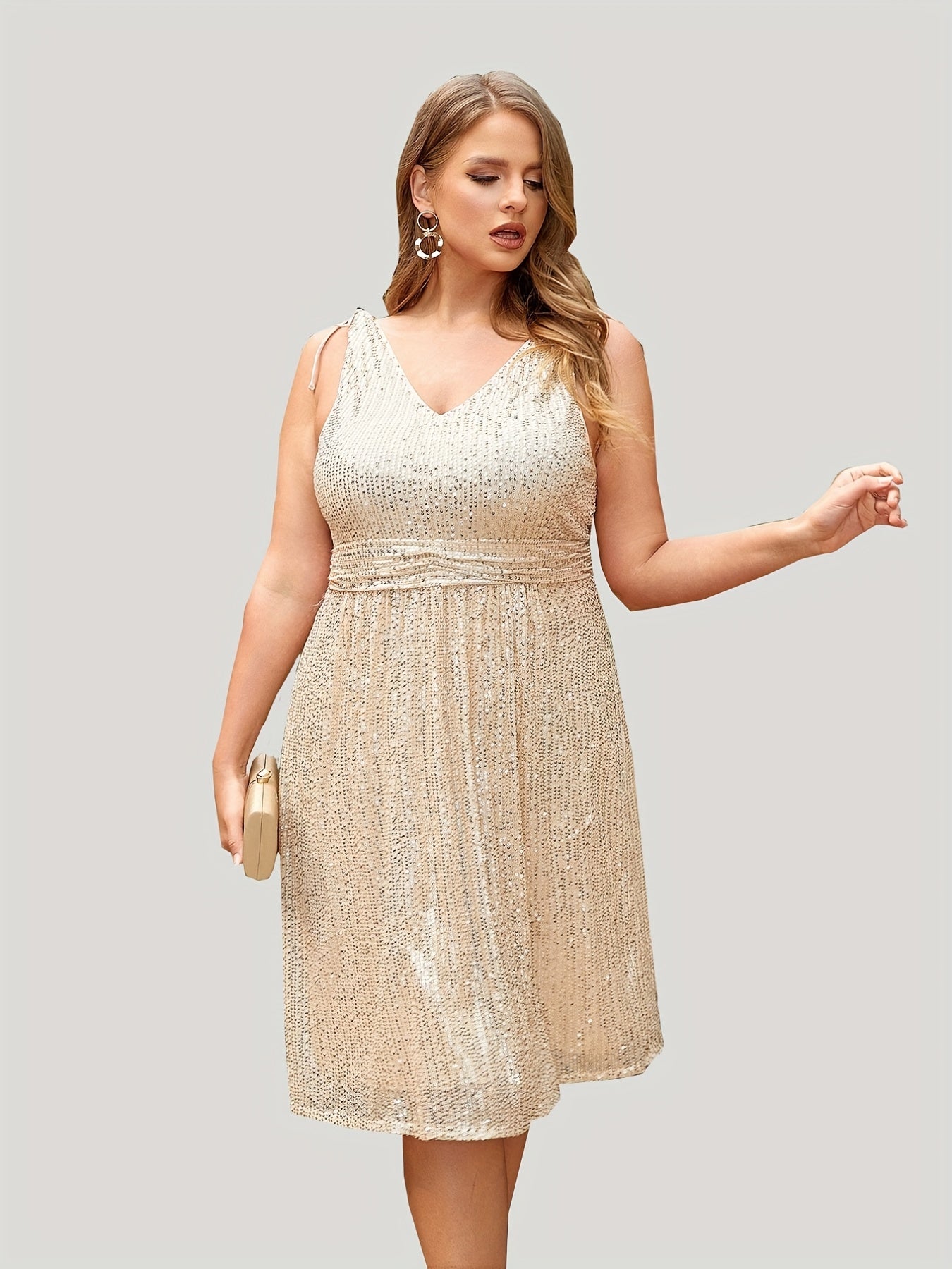  Sequin Waist V Neck A-line Party Dress