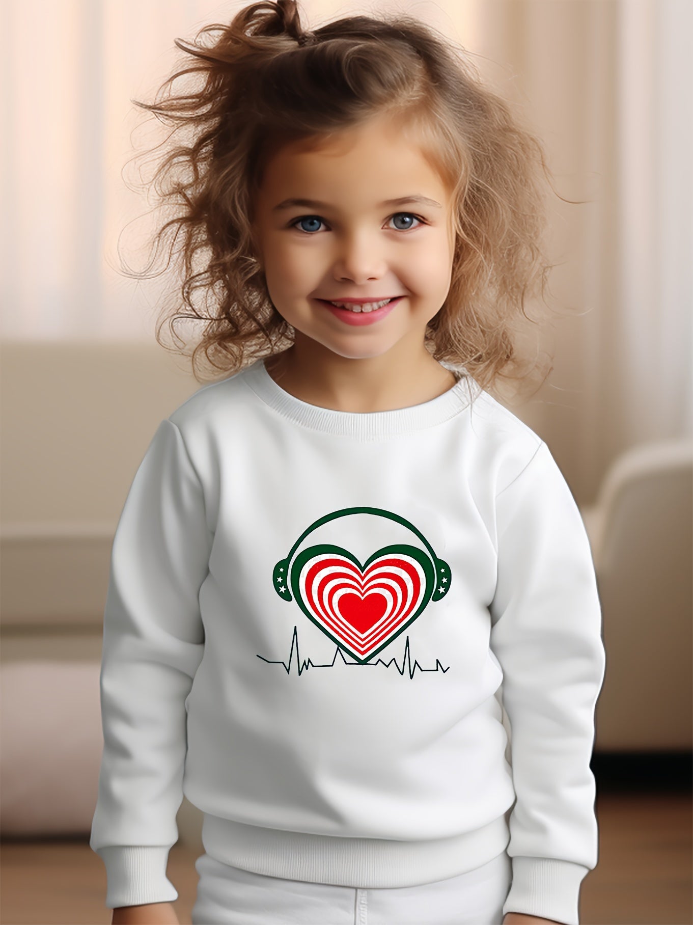 Girls Heart Pattern Crew Neck Long Sleeve Sweatshirt