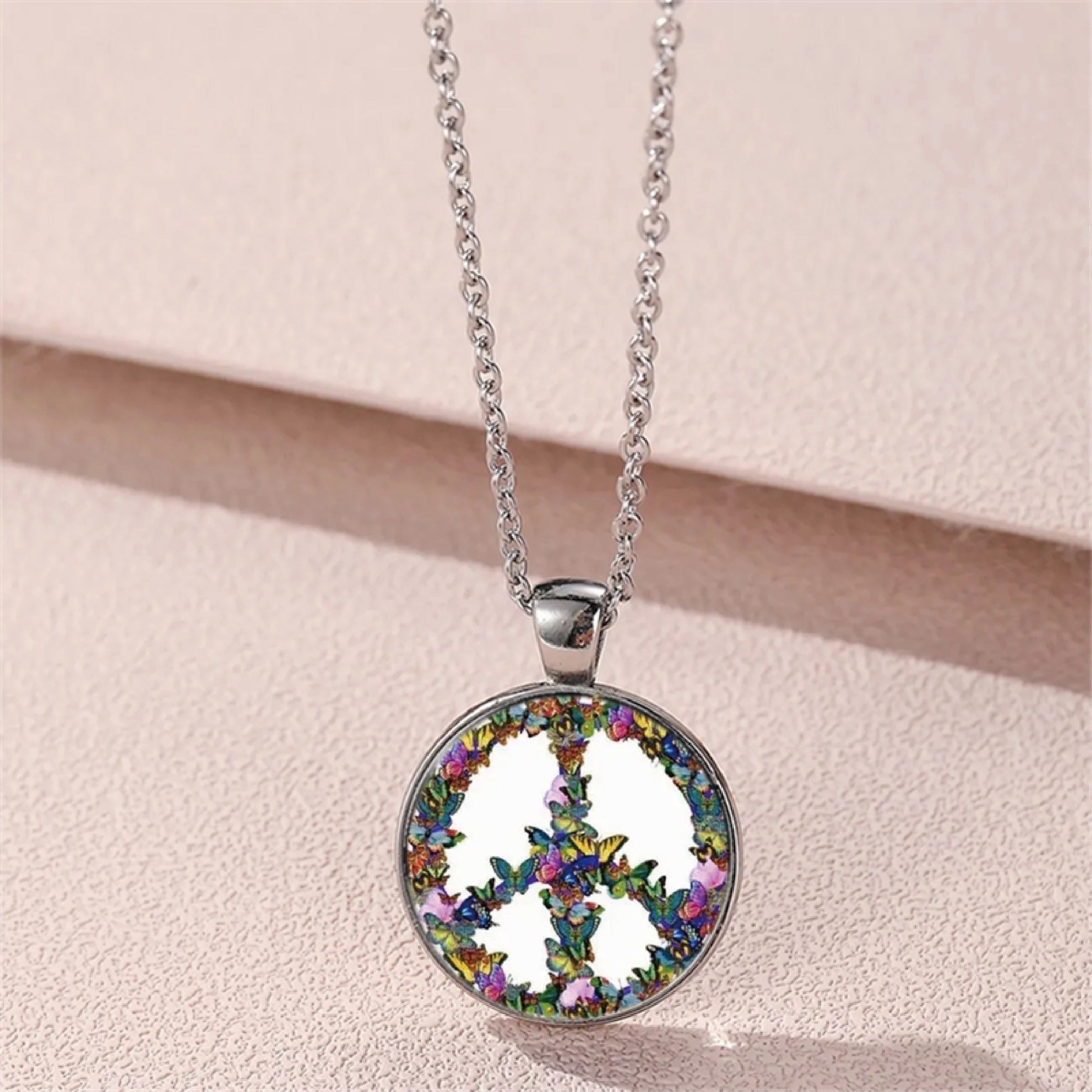 Peace Sign Pattern Butterfly Pendant Necklace