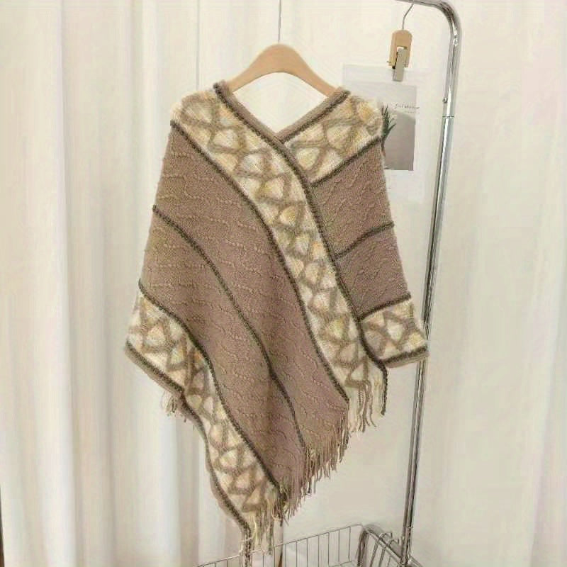 National Style Knitted Fringed Shawl V Neck for Spring & Autumn
