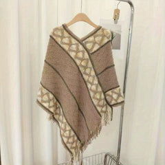 National Style Knitted Fringed Shawl V Neck for Spring & Autumn