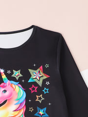 Girls Casual Unicorn Print Crew Neck Long Sleeve T shirt Spring Fall