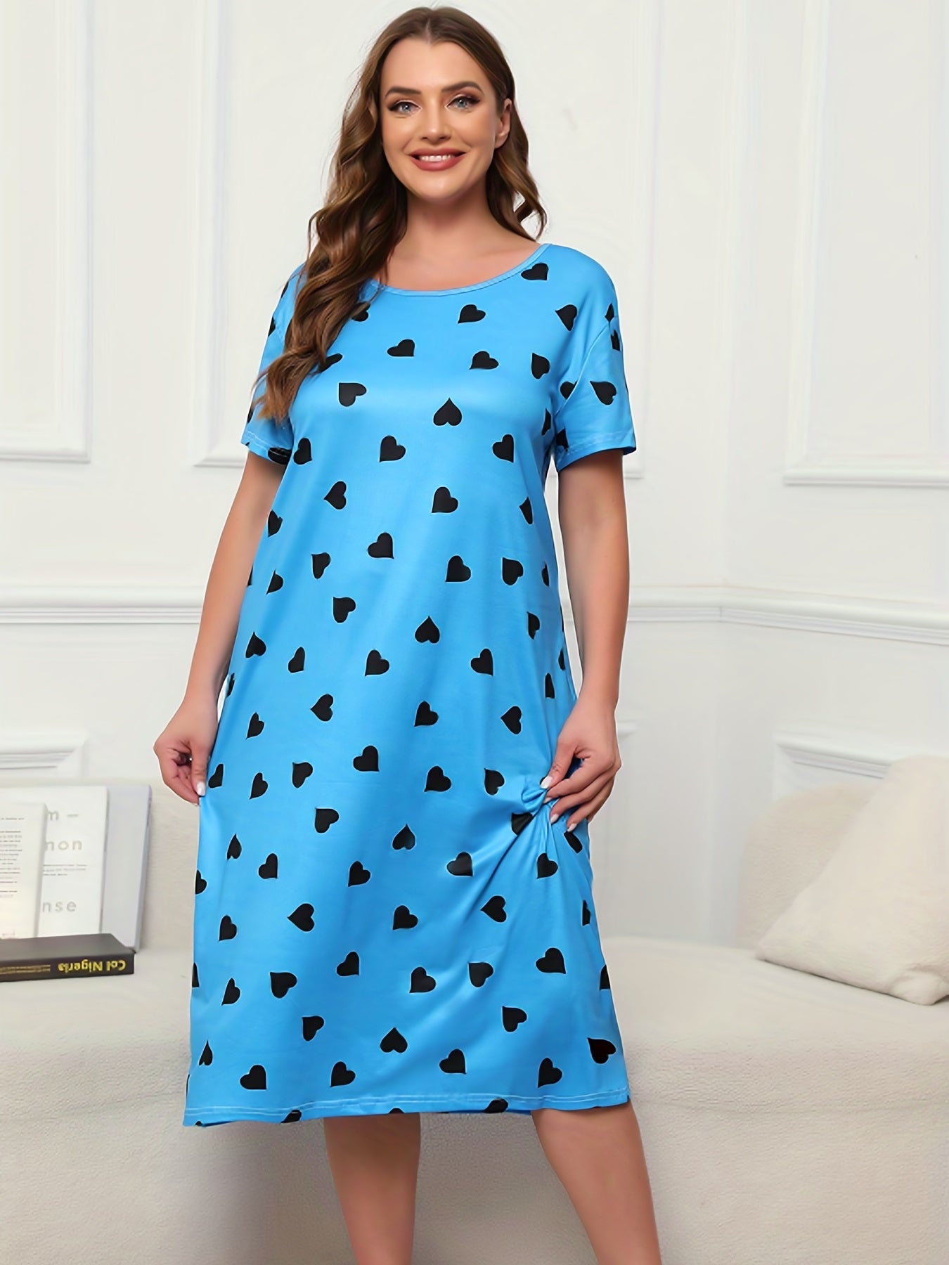  Heart Print Short Sleeve Lounge Dress