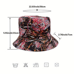 Graffiti Striped Print Bucket Hat Vintage Reversible Fisherman Cap Red Brown Sun