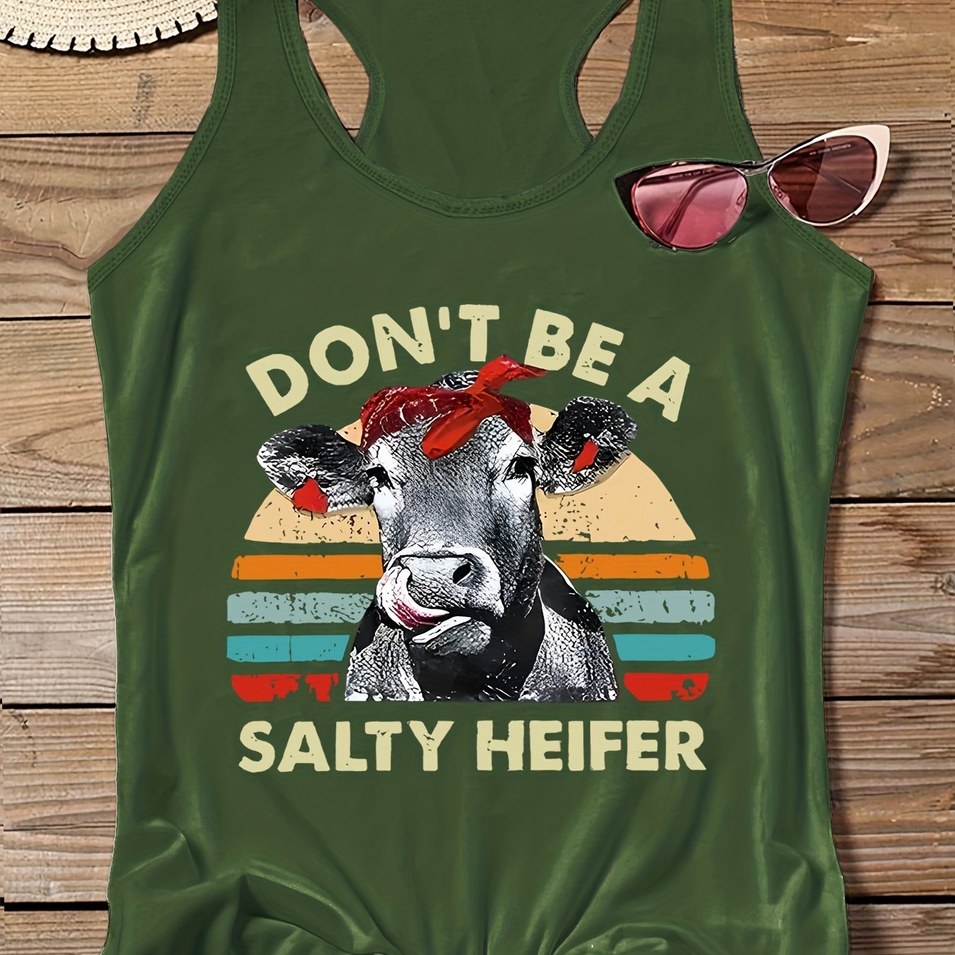  Cartoon Cow & Slogan Print Round Neck Vest Top