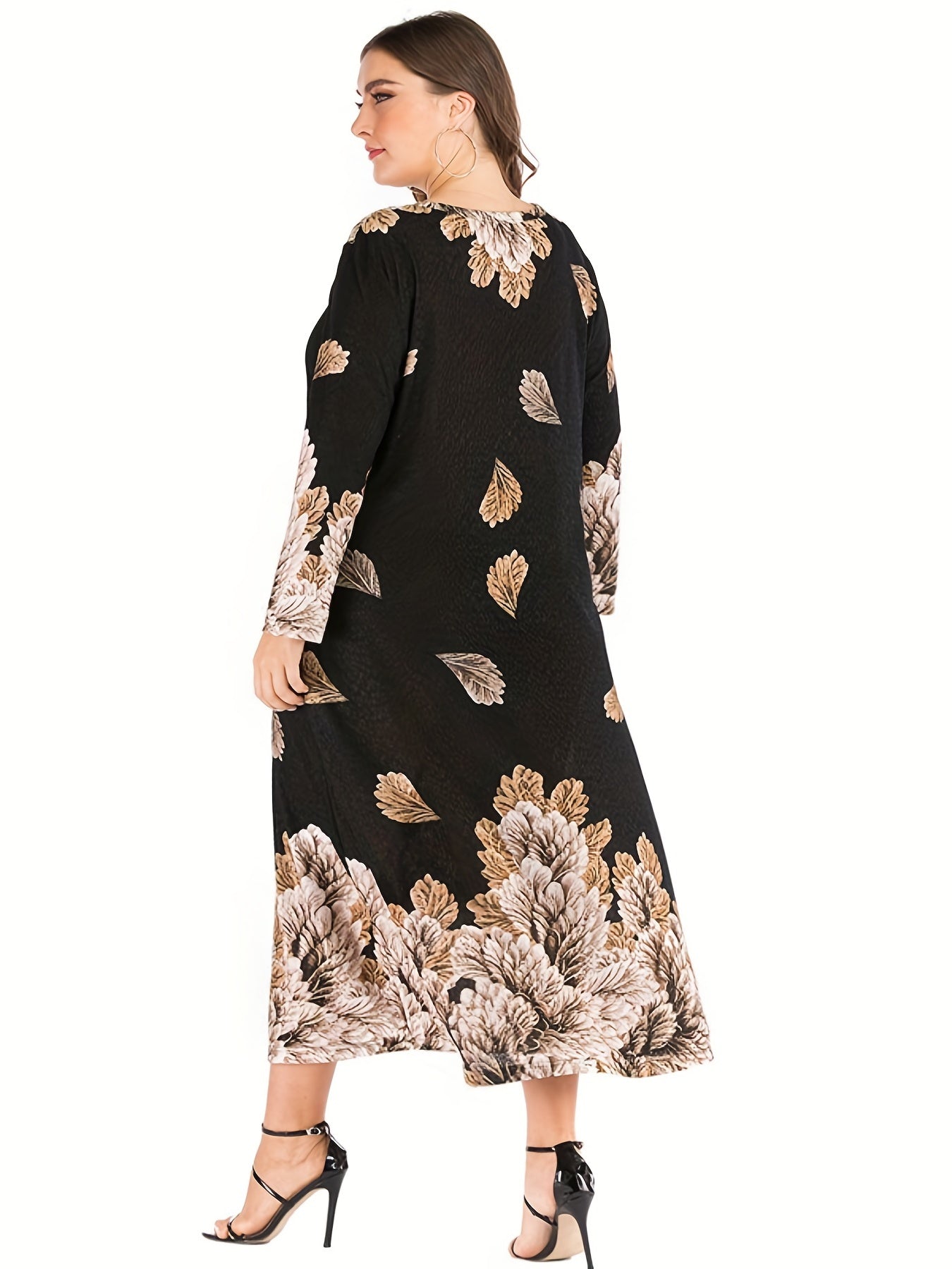  Leaf Print Maxi Dress Long Sleeve Round Neck Loose Fit