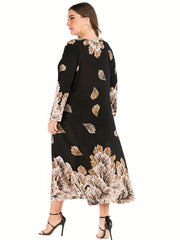  Leaf Print Maxi Dress Long Sleeve Round Neck Loose Fit