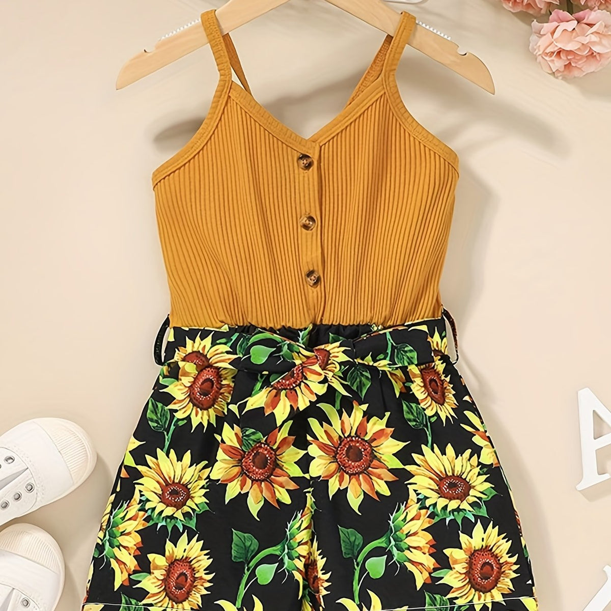 Toddler Girls Sunflower Graphic Cami Romper with Belt