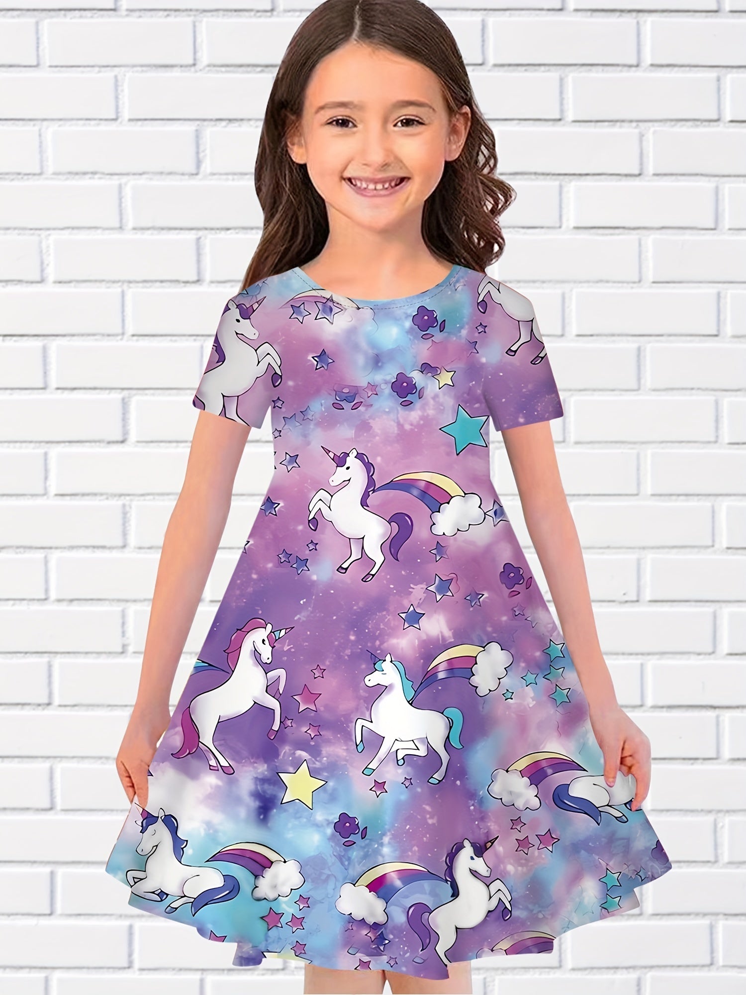 Girls Summer Unicorn Long Dress Short Sleeve Princess Dress