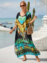  Tie Dye Cover Up Dress Women's V Neck Bat Sleeve Beach Casual
