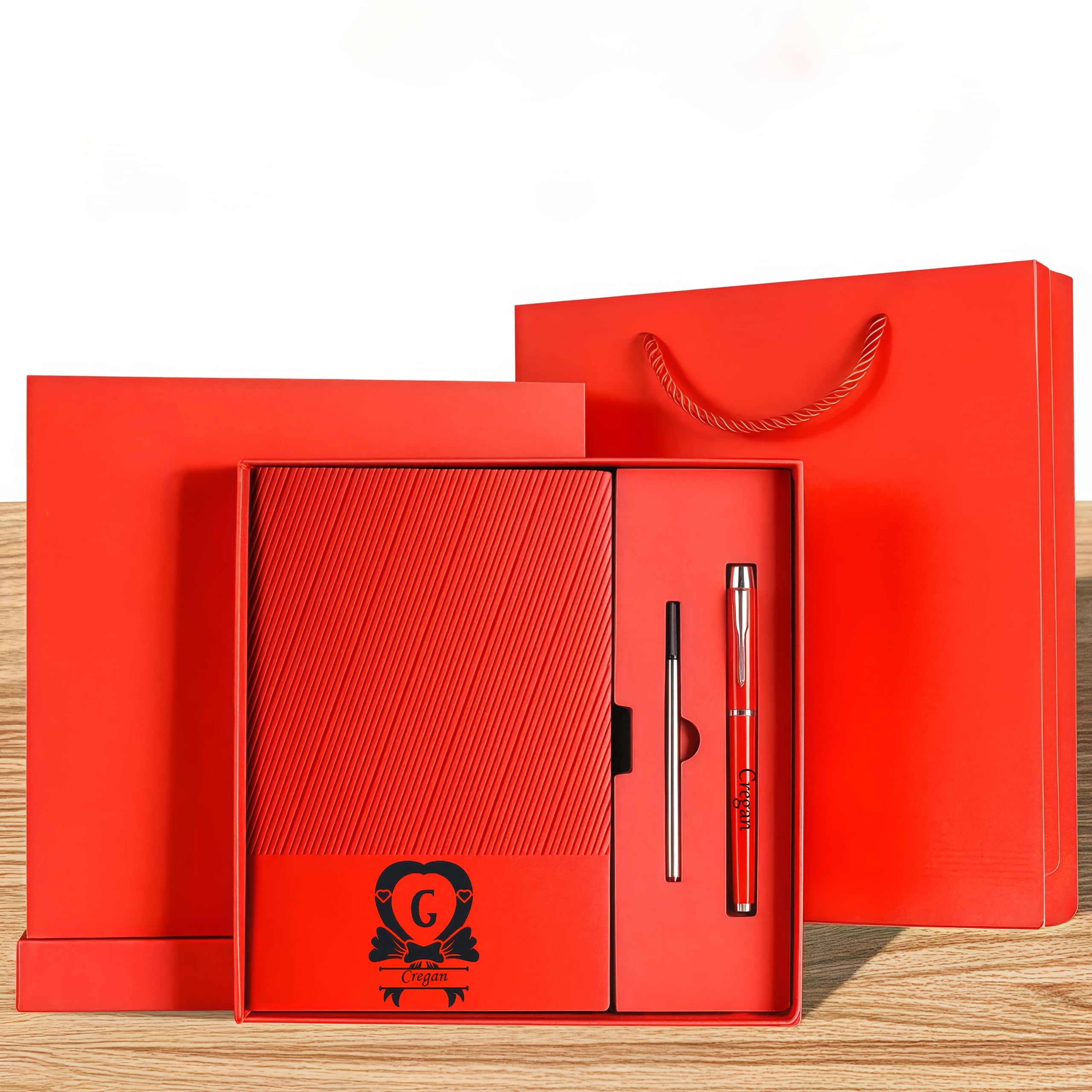 Personalized A5 Notebook Set with Pen Red Faux Leather Journal