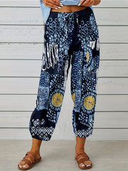 Graphic Print Tie Waist Pants Boho Summer Cropped Pants With Pockets