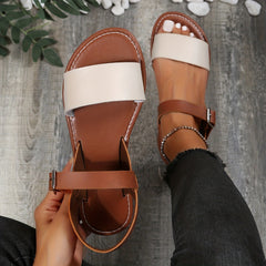 Women's Ankle Strap Flat Sandals Open Toe Faux Leather Casual Beach Shoes