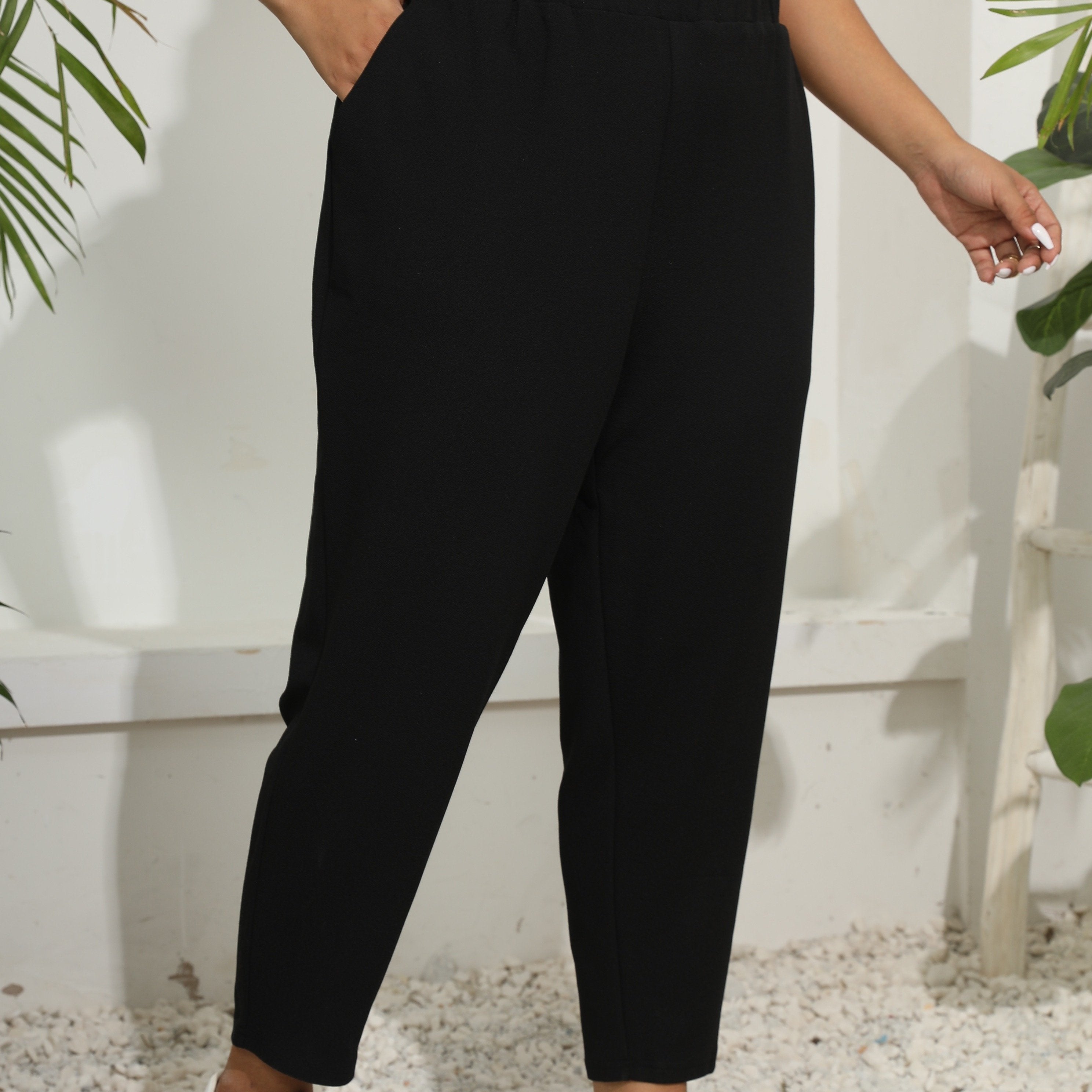 Plus Size Casual Pants Women's Plus Solid High Rise Medium Stretch Trousers