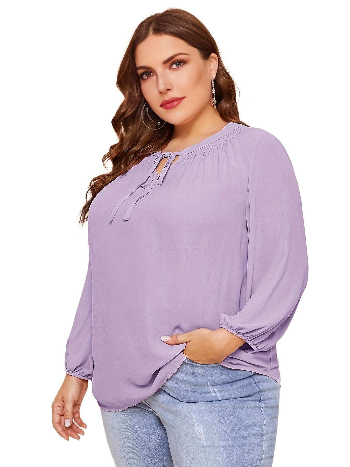  Solid Lantern Sleeve Lace Up Tunic Shirt