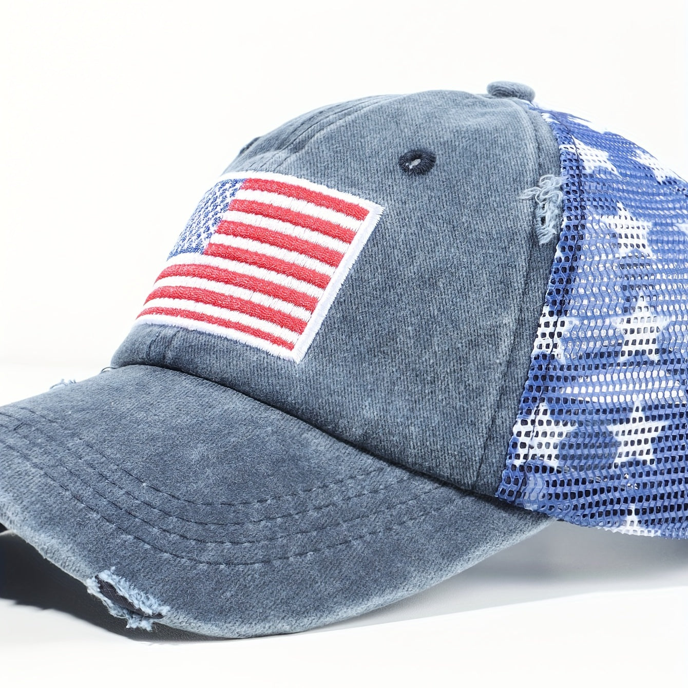 Pentagram Print Mesh Trucker Hat Navy Distressed Baseball Cap
