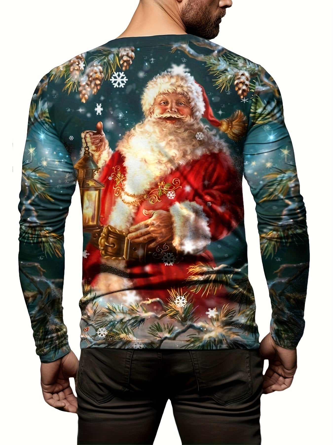 Christmas Santa Claus Print Men's Long Sleeve Tee For Autumn