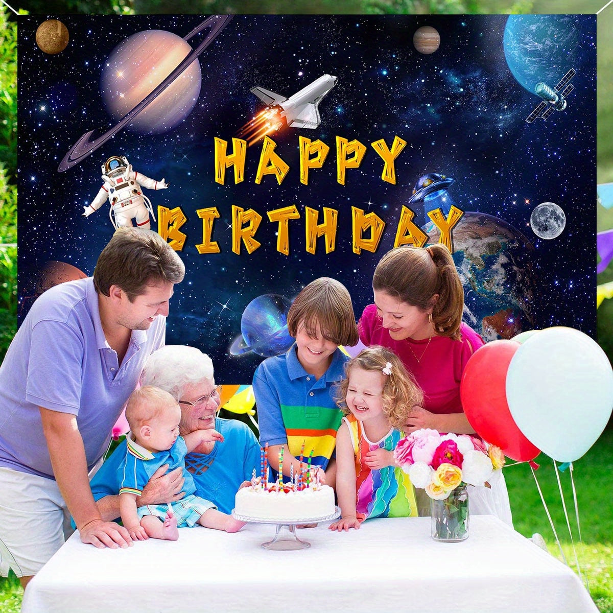 Space Happy Birthday Photography Backdrop 70in Astronaut Rocket Banner