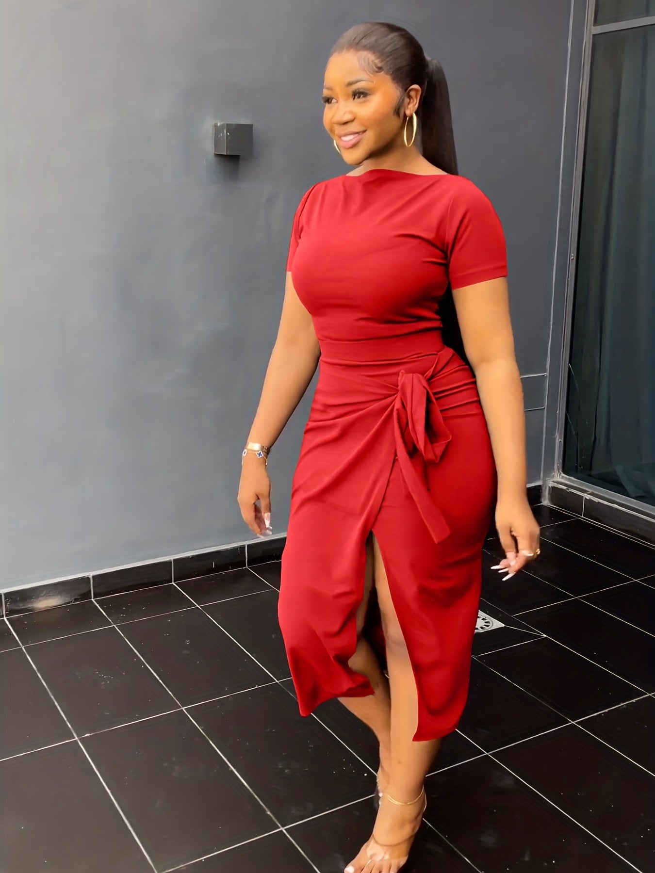 Casual 2pc Short Sleeve Top & Split Skirt Set