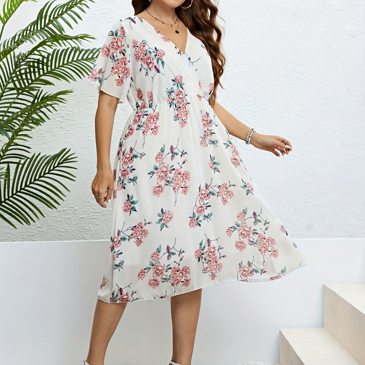  Floral Print Flutter Sleeve Midi Dress